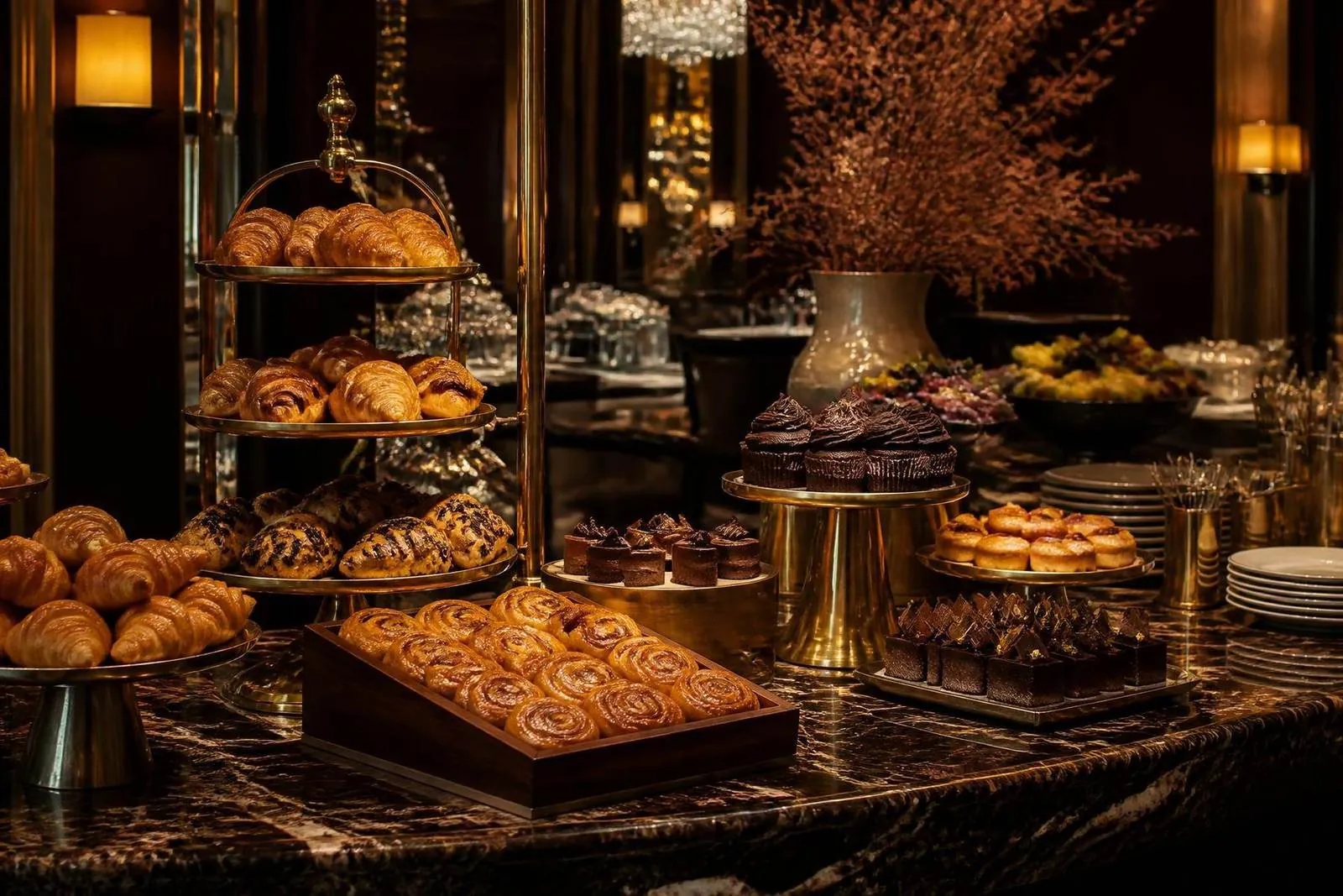 Mesa de brunch com croissants, sobremesas de chocolate e espumante
